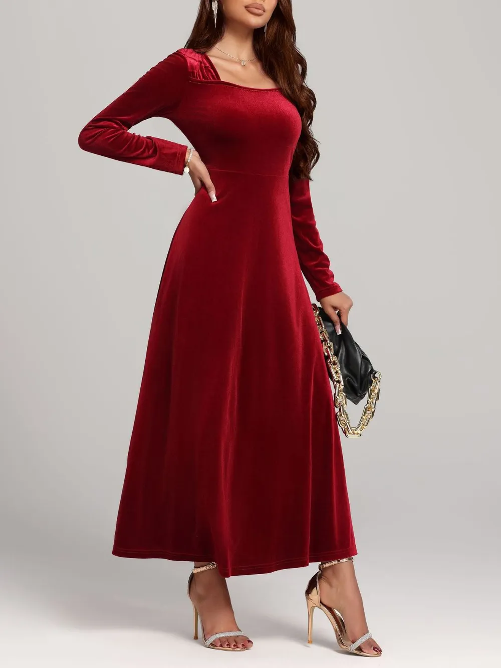 Square Neck Long Sleeve Velvet Dress, image 6