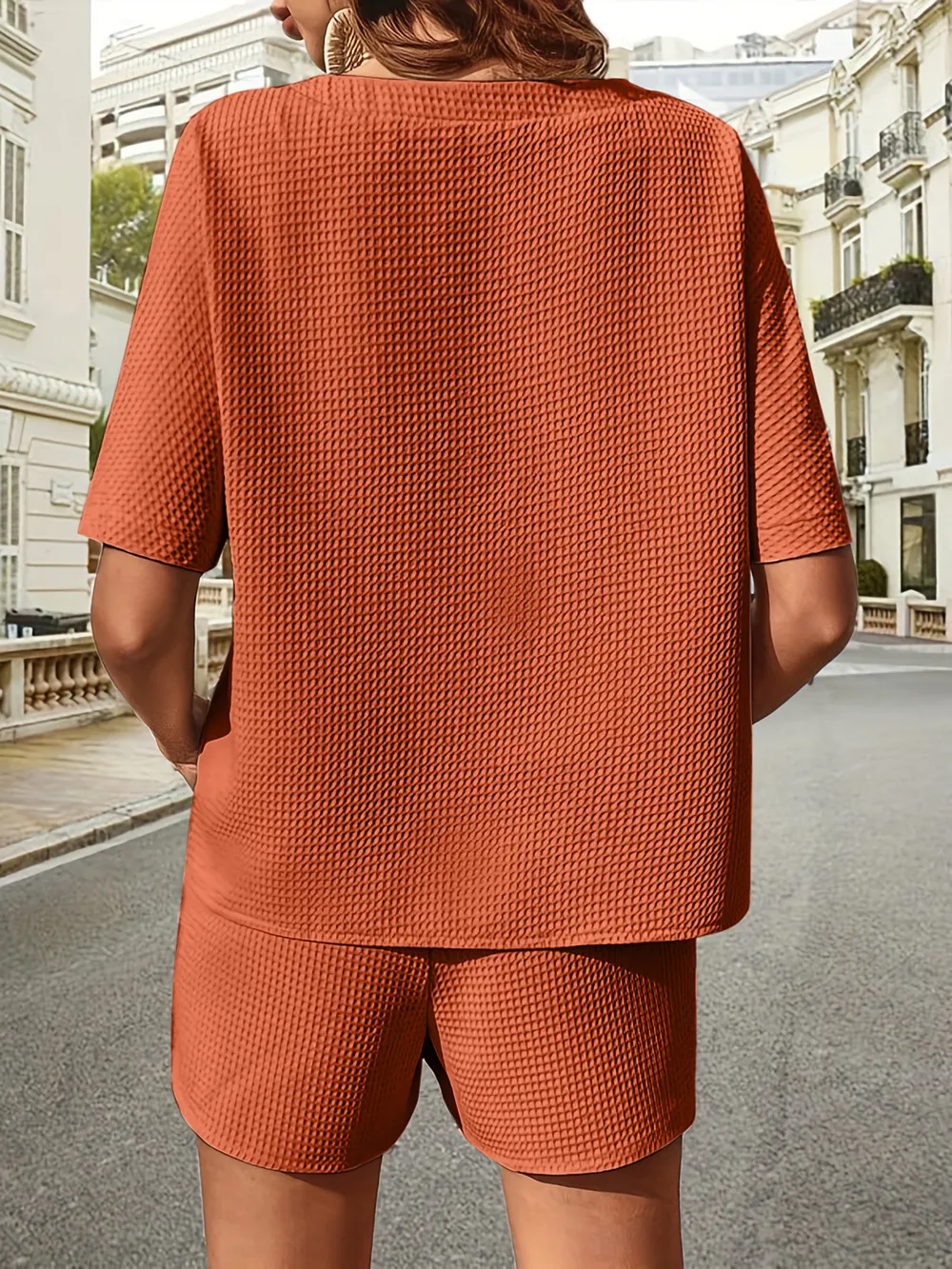 Waffle-Knit Half Sleeve Top and Shorts Set, image 10
