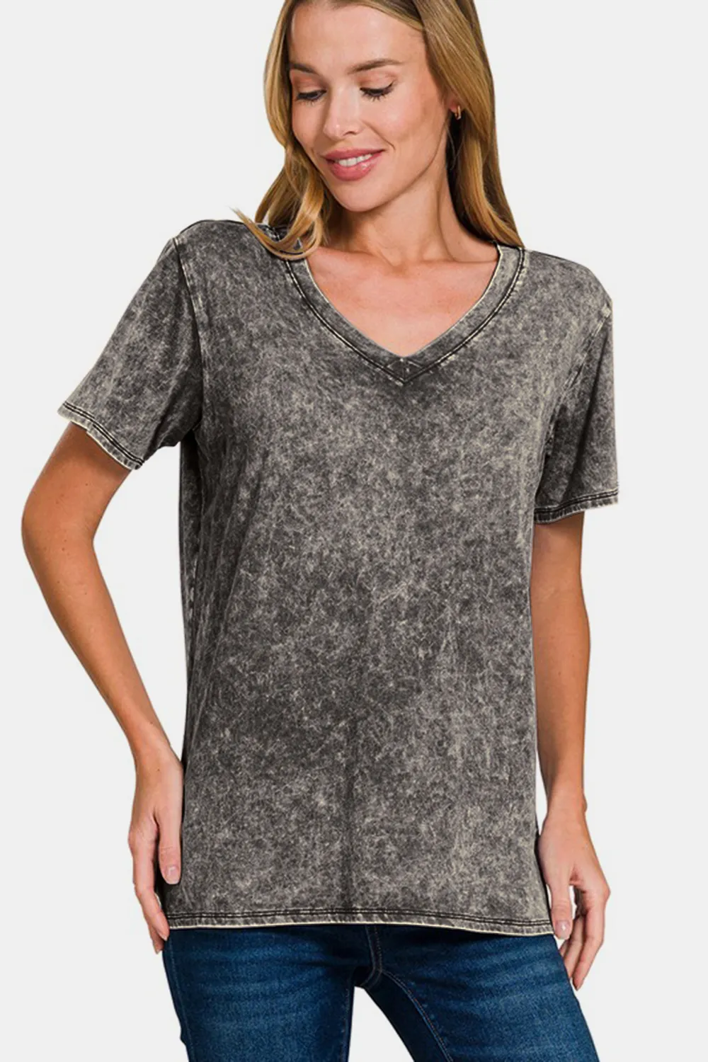 Full Size Washed Short Sleeve V-Neck T-Shirt