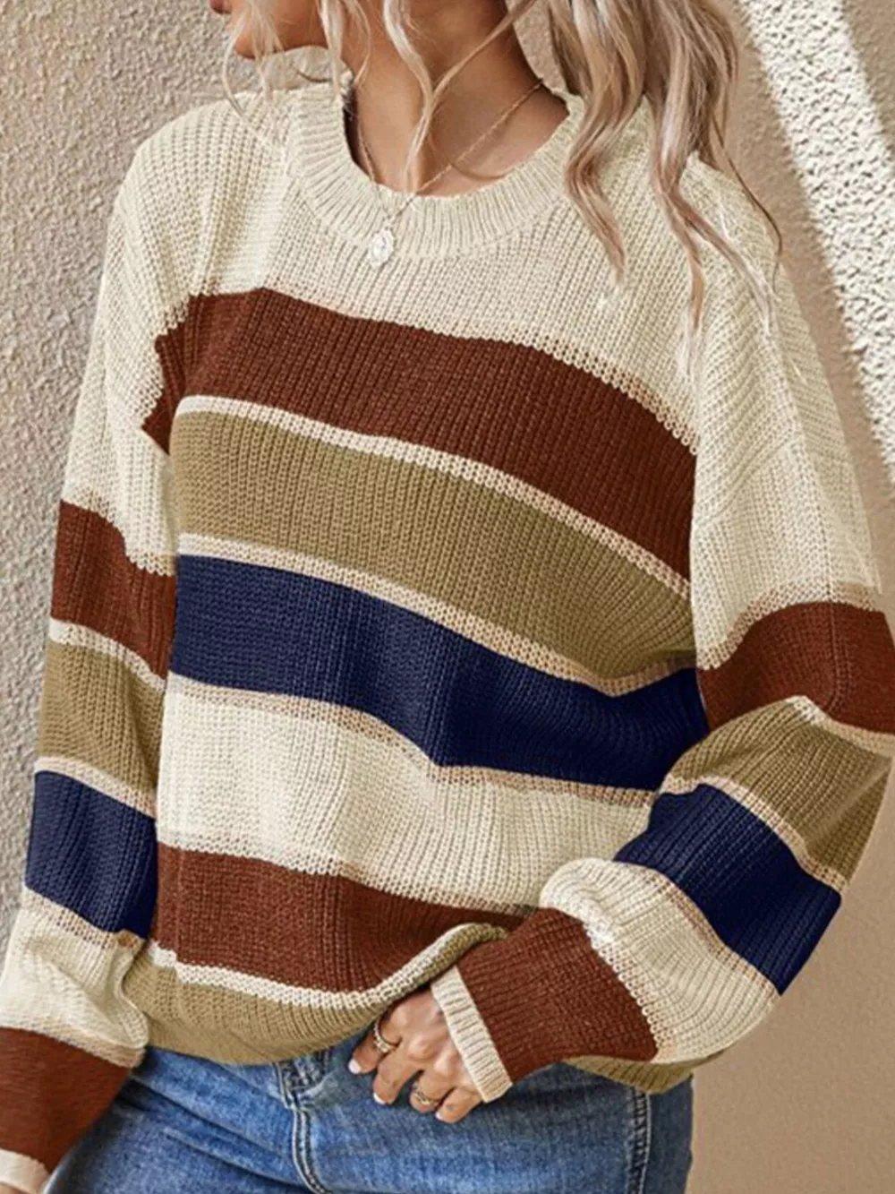 Color Block Striped Crew Neck Sweater, image 2