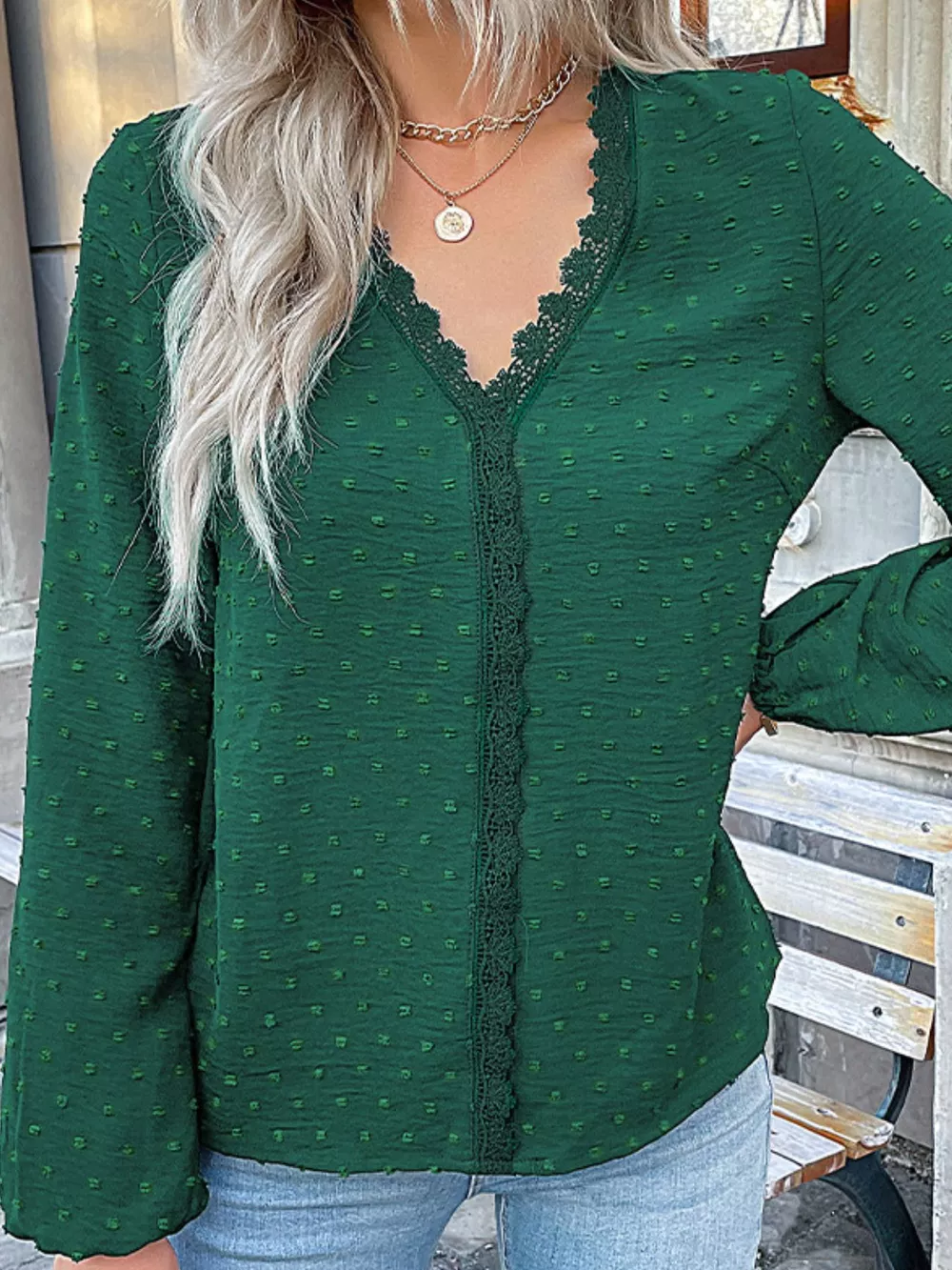 Lace Detail V-Neck Long Sleeve Blouse, image 7