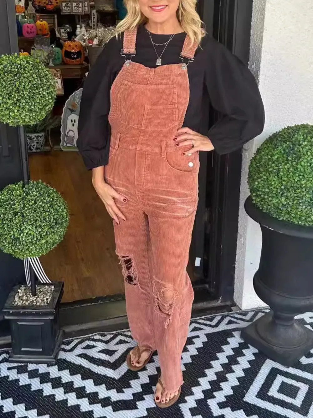 Distressed Wide Leg Corduroy Overalls, image 6