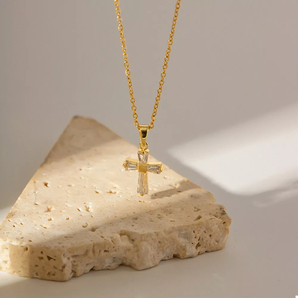 18K Gold-Plated Stainless Steel Zircon Cross Necklace, image 5