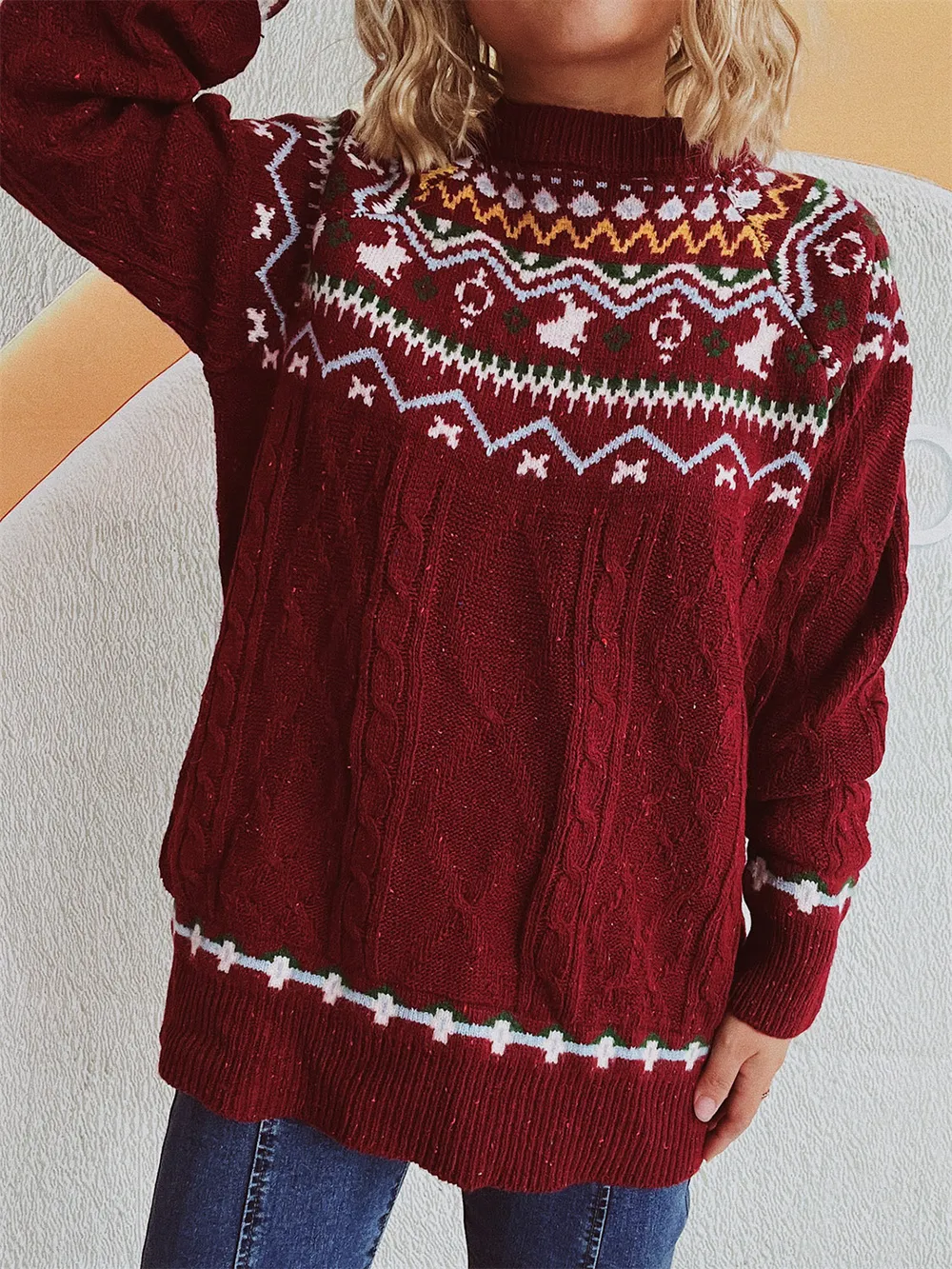 Cable-Knit Mock Neck Long Sleeve Sweater, image 5