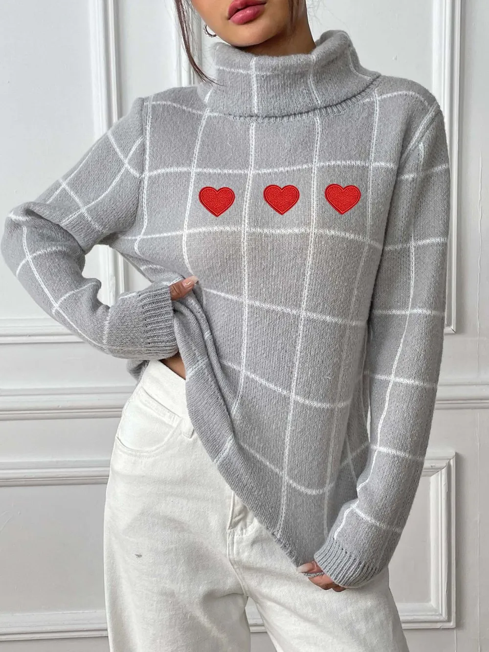 Heart Plaid Turtleneck Long Sleeve Sweater, image 4