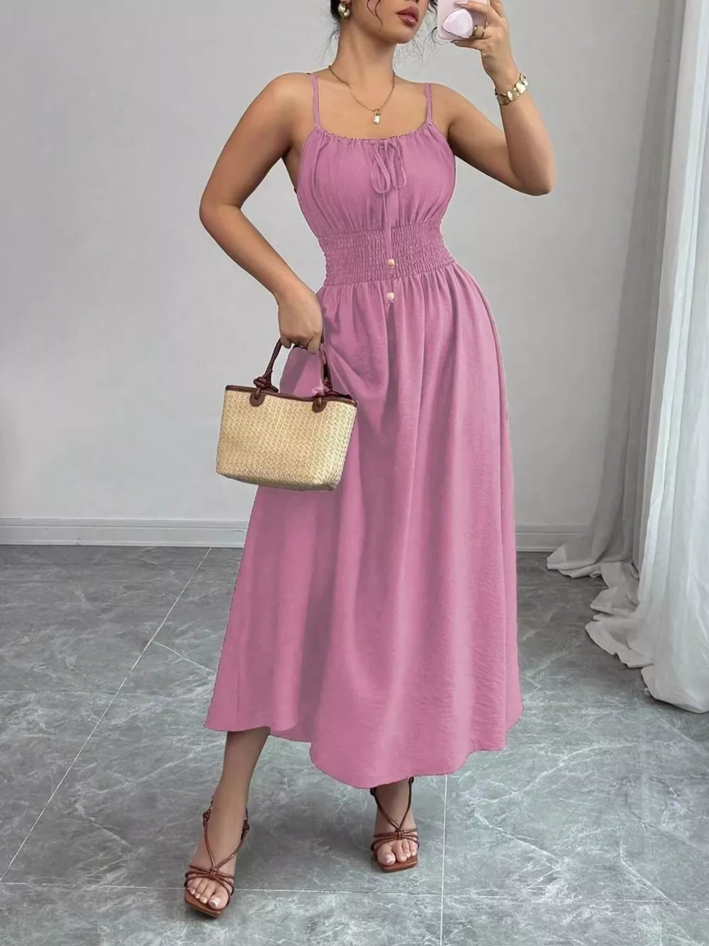 Smocked Spaghetti Strap Midi Dress, image 21