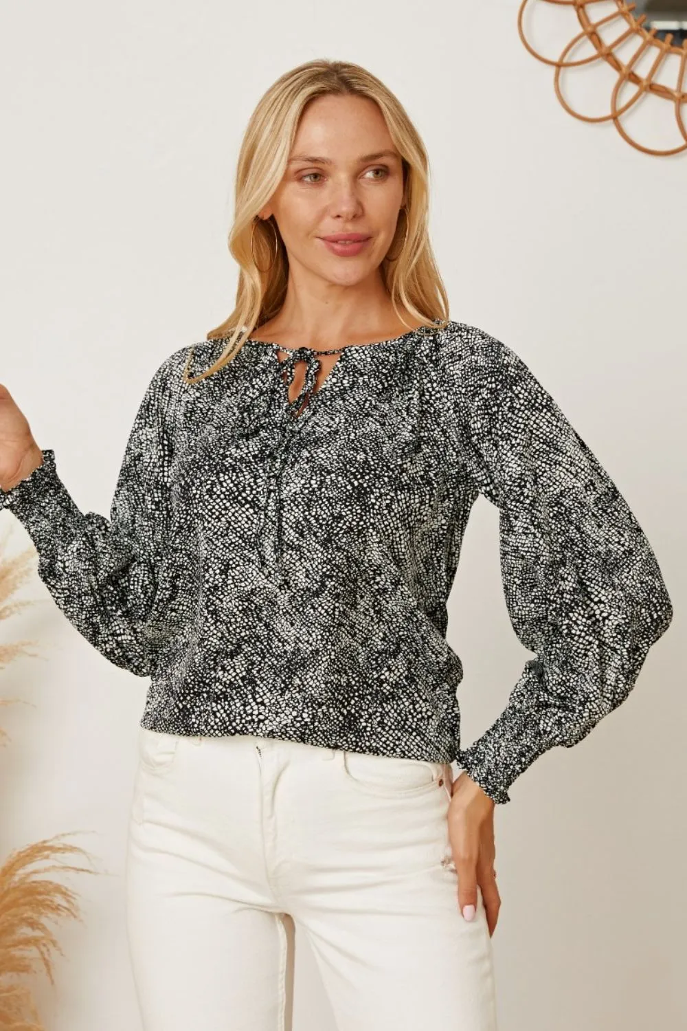 Printed Tie Neck Lantern Sleeve Blouse, image 5
