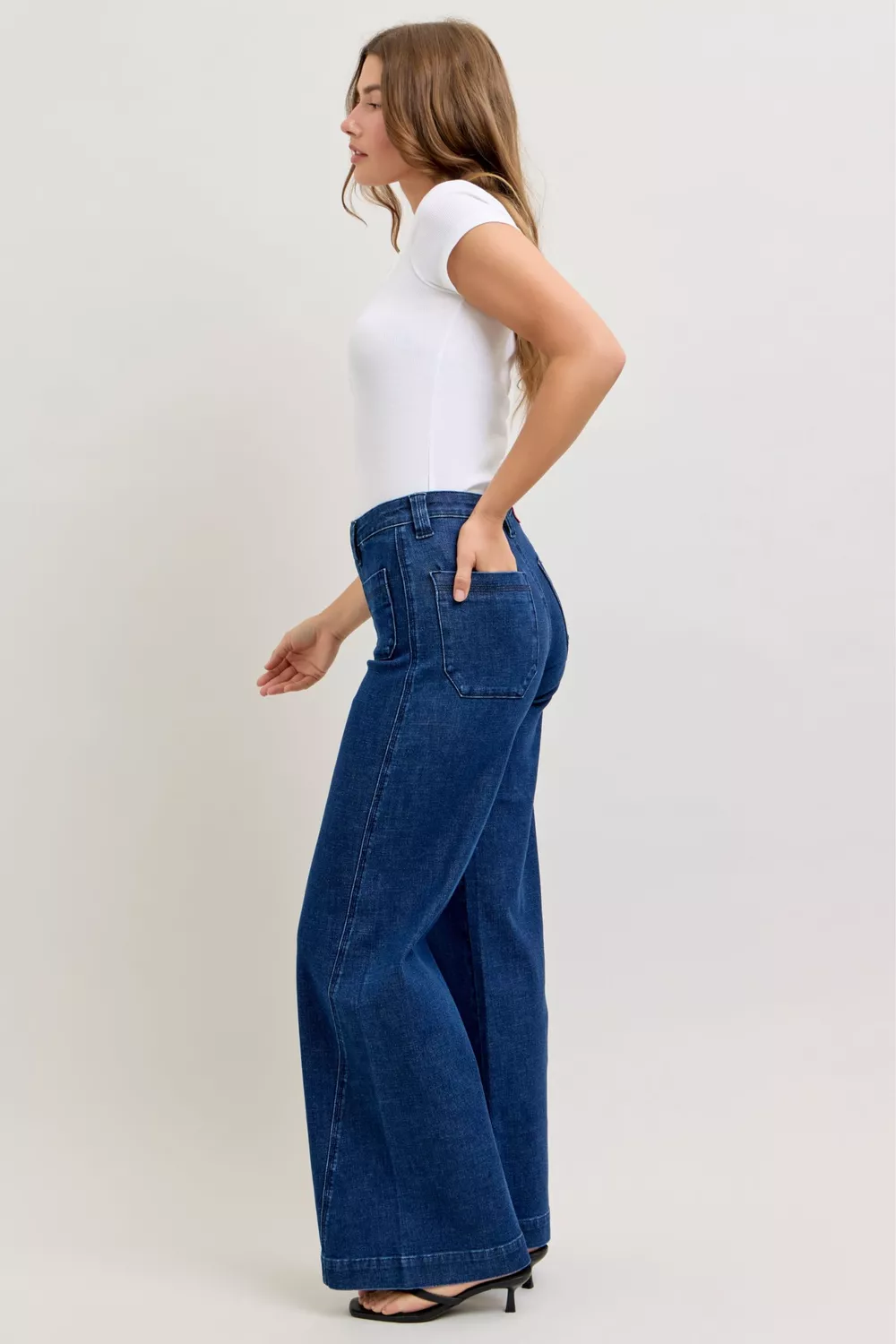 High-Waisted Retro Wide Jeans with Patch Pkts & Twisted Seams, image 6
