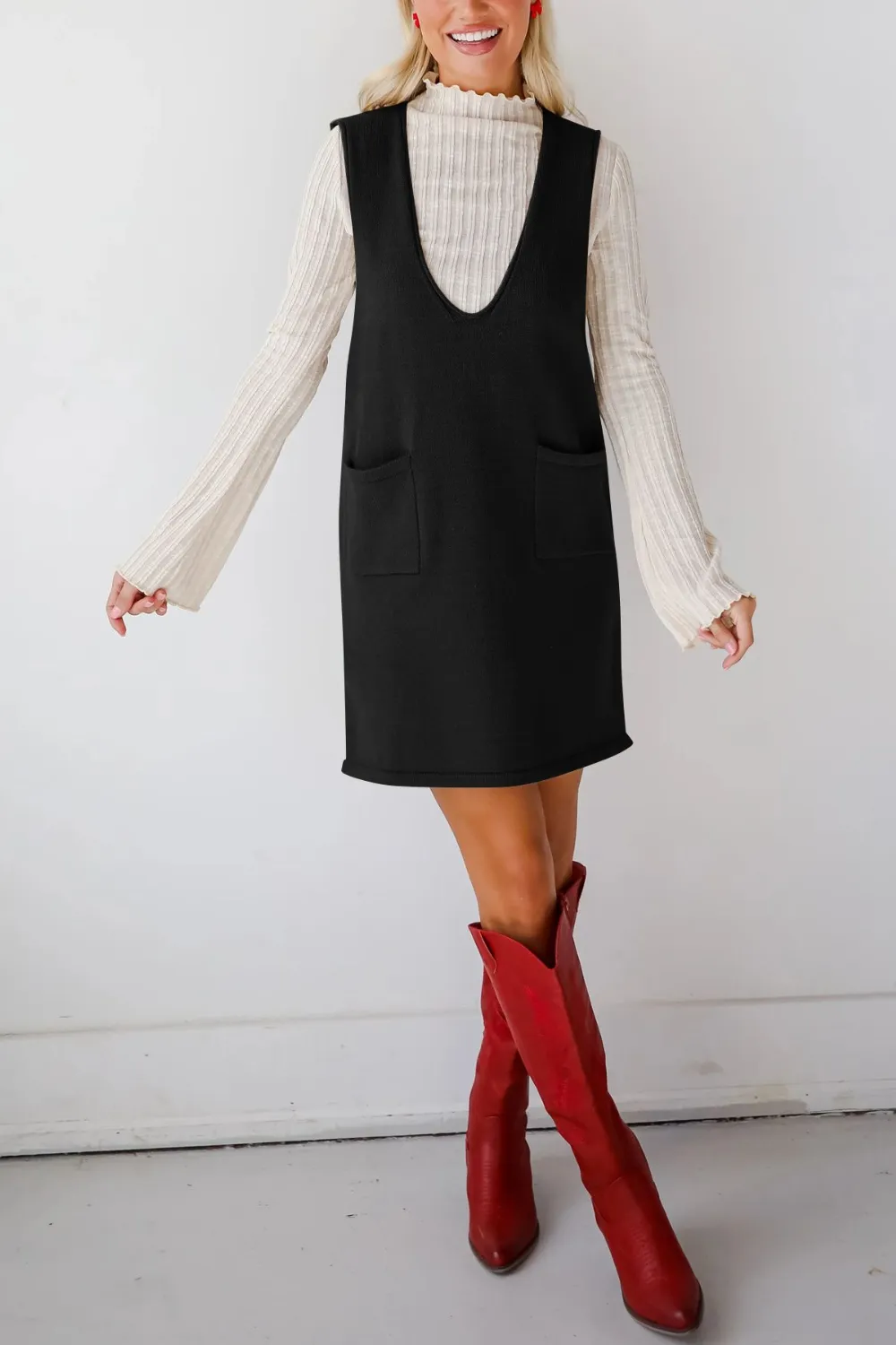 Pocketed V-Neck Mini Sweater Overall Dress, image 13