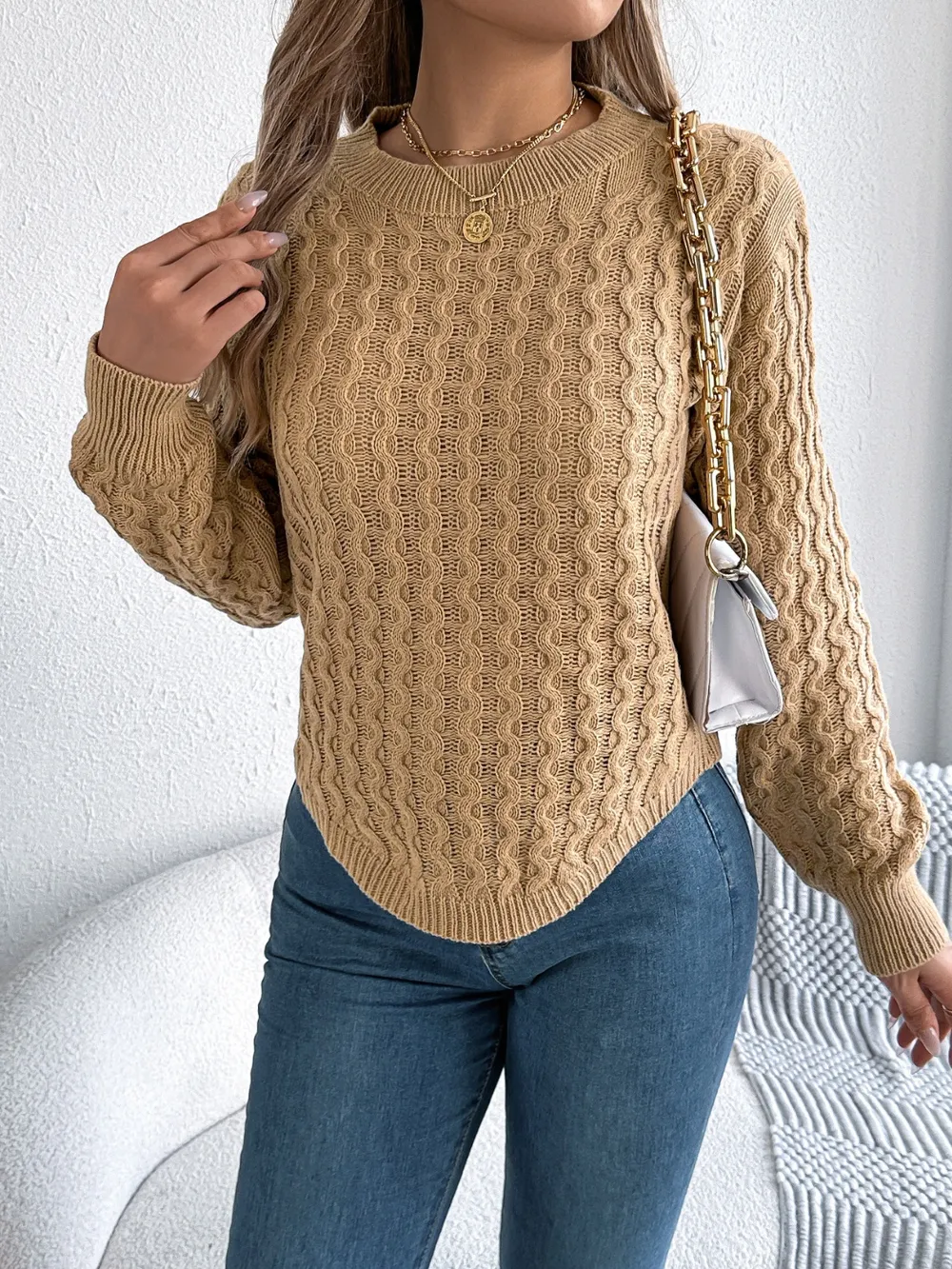 Asymmetric Hem Round Neck Long Sleeve Sweater, image 5