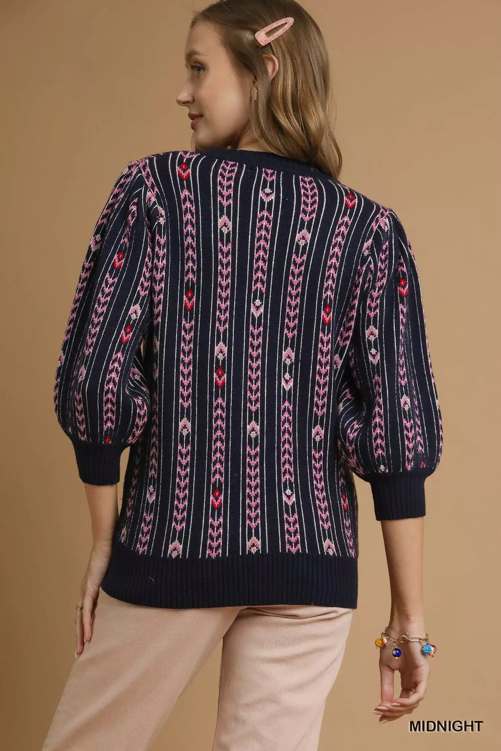 Jacquard Knit Puff Sleeve Sweater, image 2