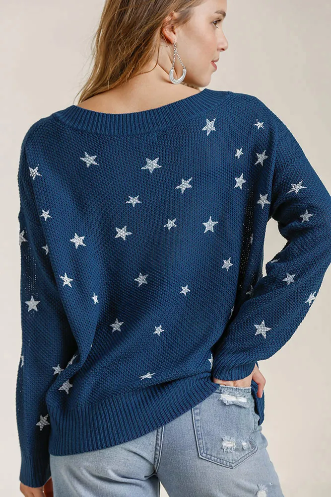 Full Size Star V-Neck Long Sleeve Sweater Plus Size, image 2