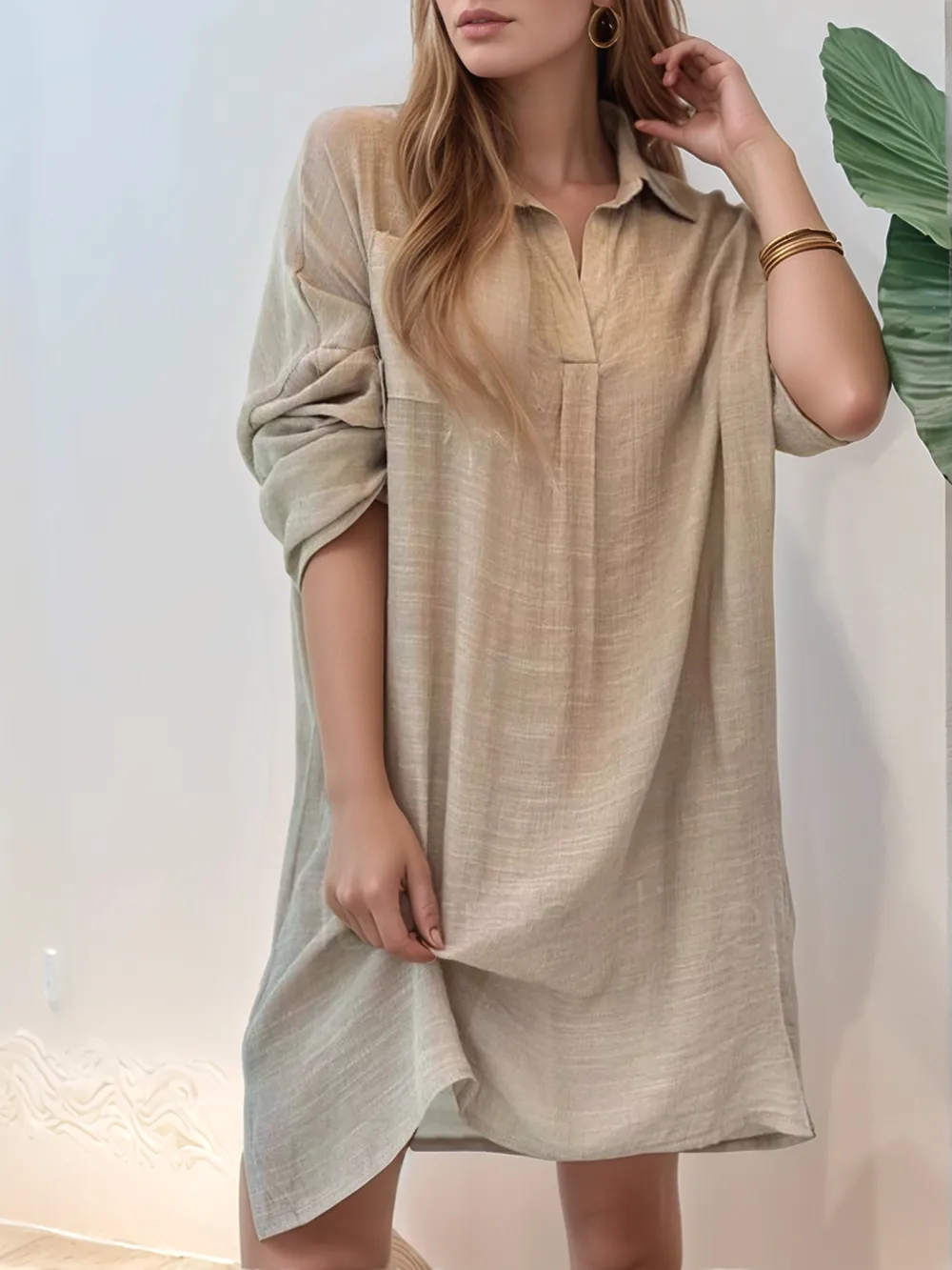 Full Size Side Slit Roll-Tab Sleeve Mini Shirt Dress Plus Size, image 10