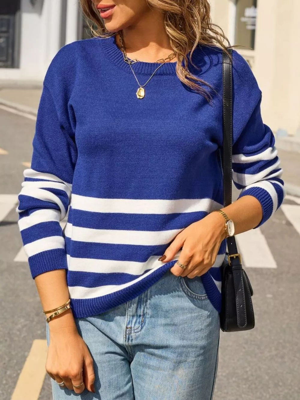 Striped Trim Crew Neck Sweater, image 14
