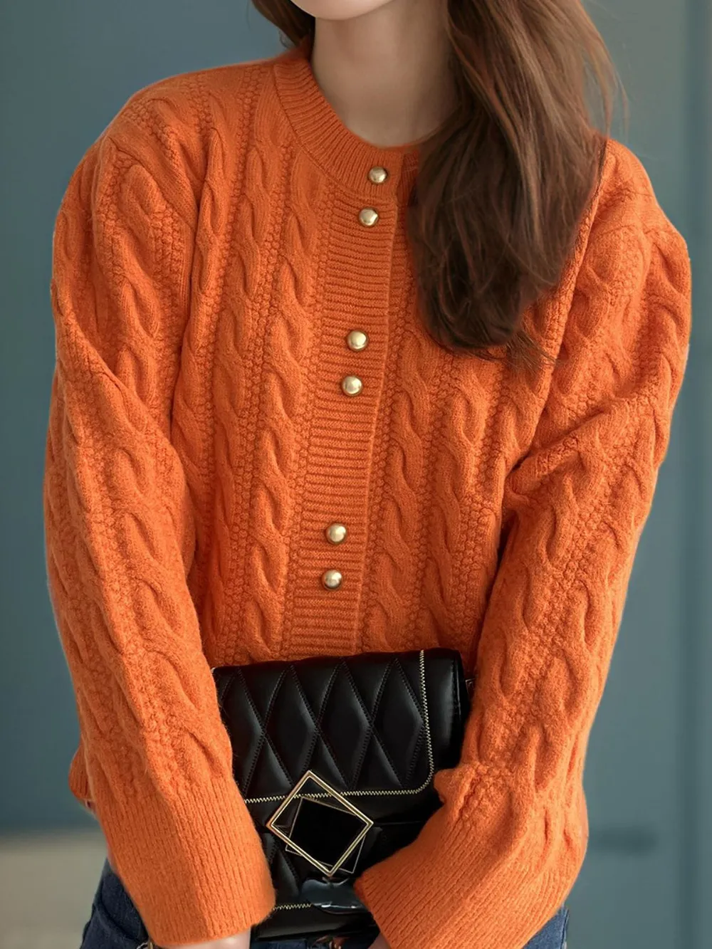 Cable-Knit Round Neck Long Sleeve Cardigan, image 23