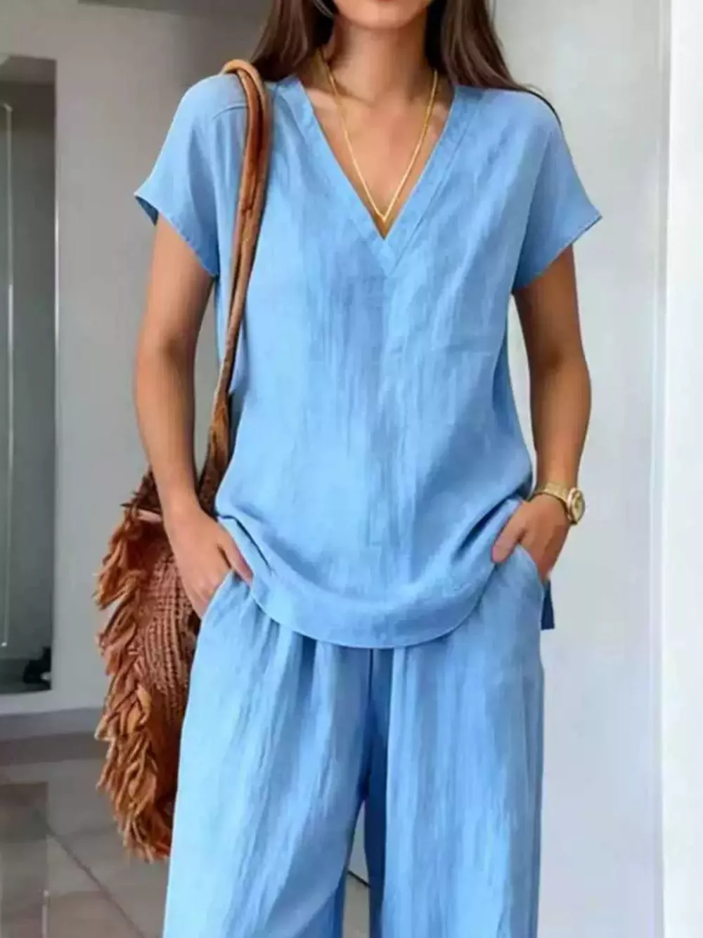 Full Size V-Neck Short Sleeve Top and Pants Set Plus Size, image 6