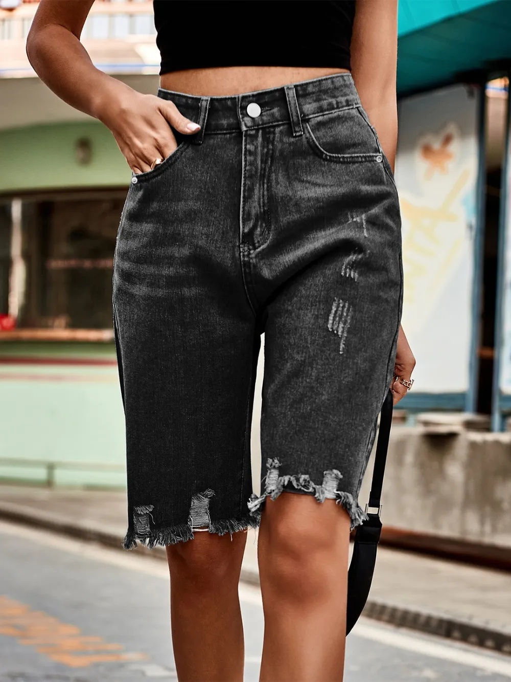 Raw Hem Denim Shorts, image 4