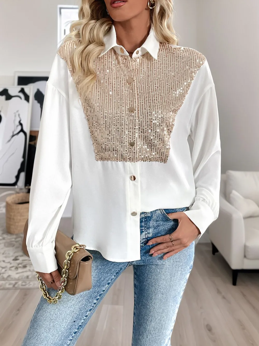 Sequin Contrast Collared Neck Long Sleeve Shirt