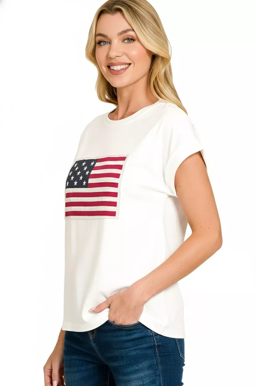 Full Size US Flag Round Neck Short Sleeve T-Shirt Plus Size, image 2