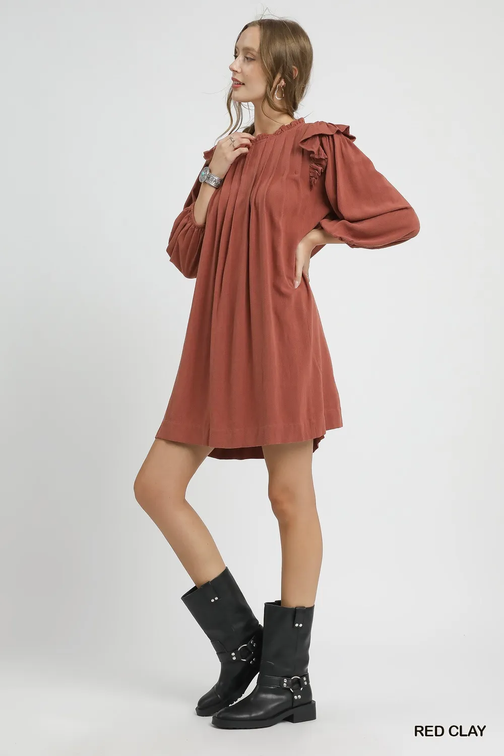 Linen Ruffle Shoulder Pleated Babydoll Dress, image 4