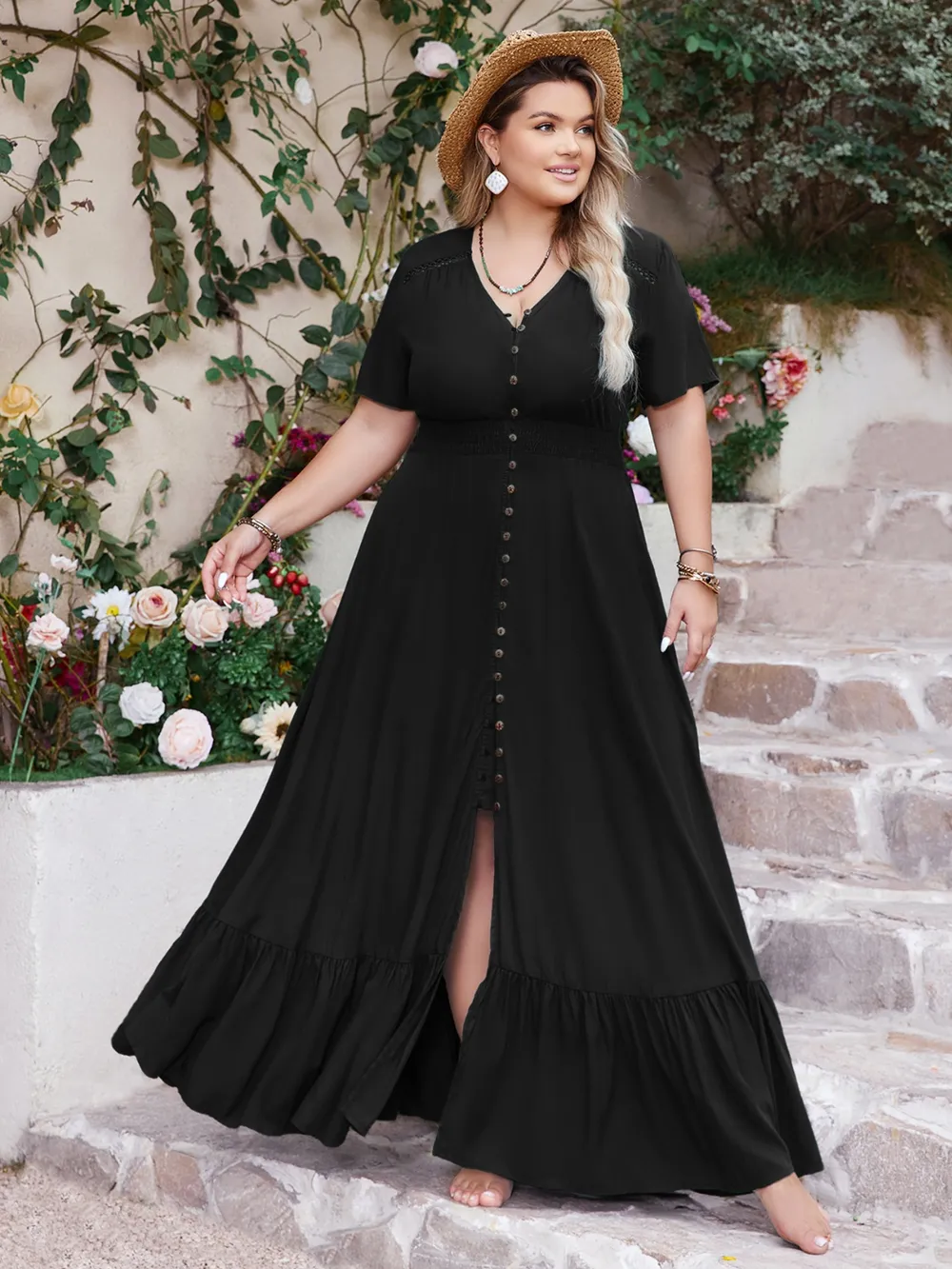 Plus Size Ruffled Hem Button Down V-Neck Short Sleeve Maxi Dress, image 4