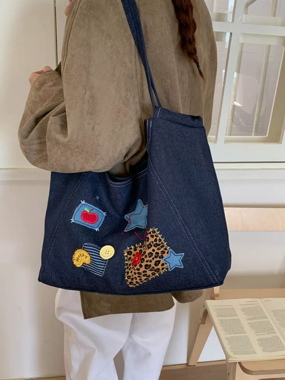 Denim Patchwork Embellished Handbag, image 3