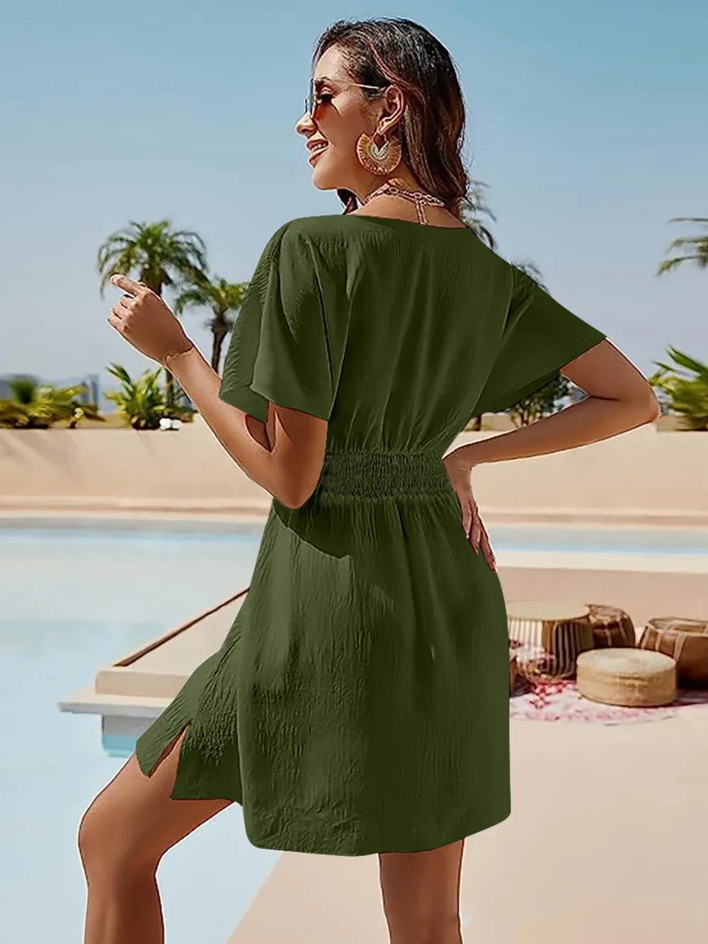 Smocked V-Neck Short Sleeve Dress, image 8