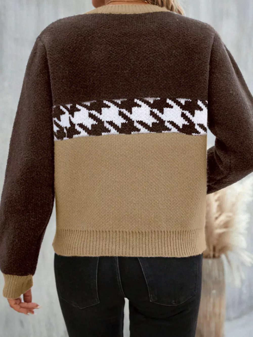Houndstooth Pattern Color Block Sweater, image 7