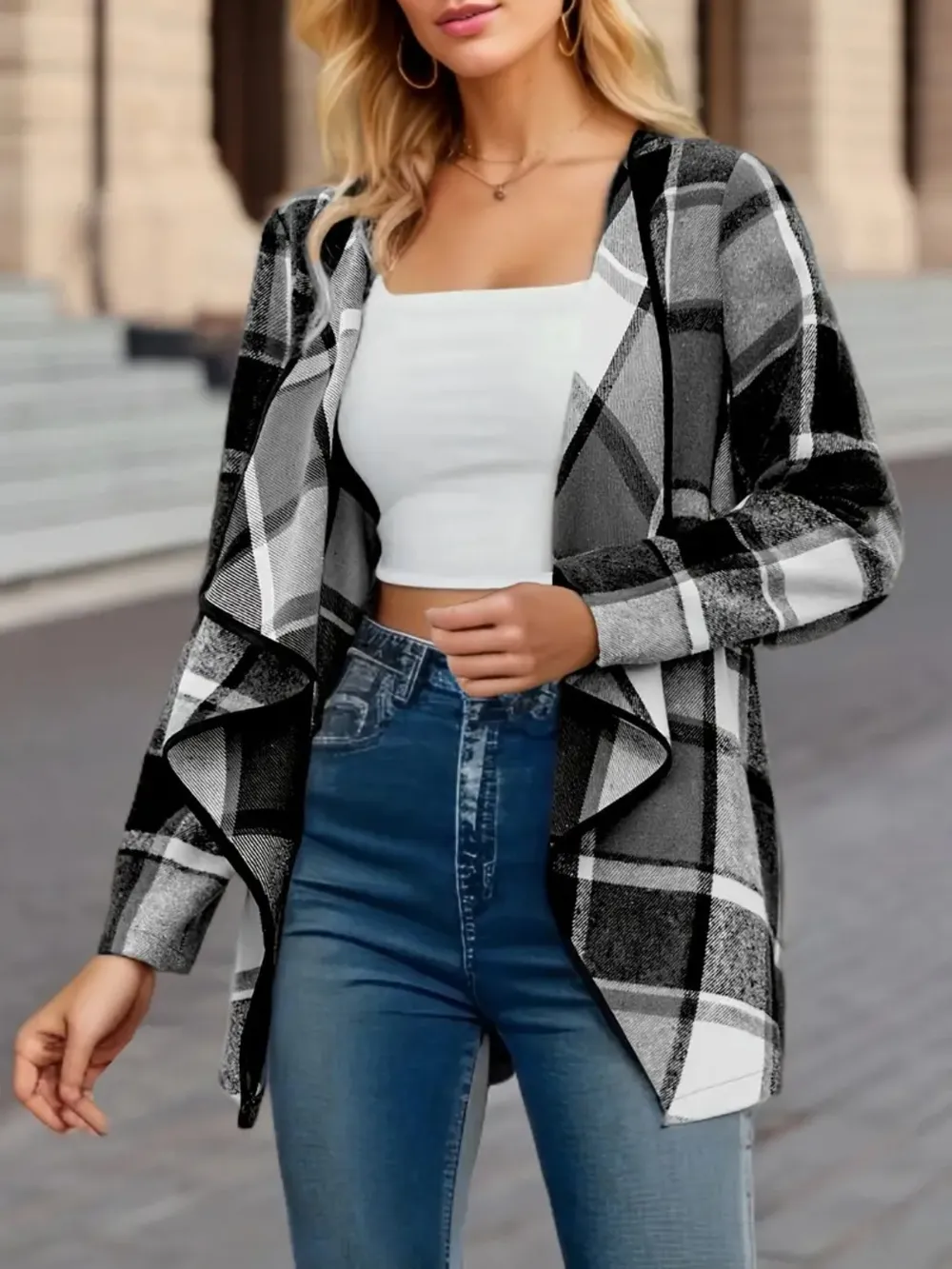 Plaid Open Front Long Sleeve Jacket, image 9