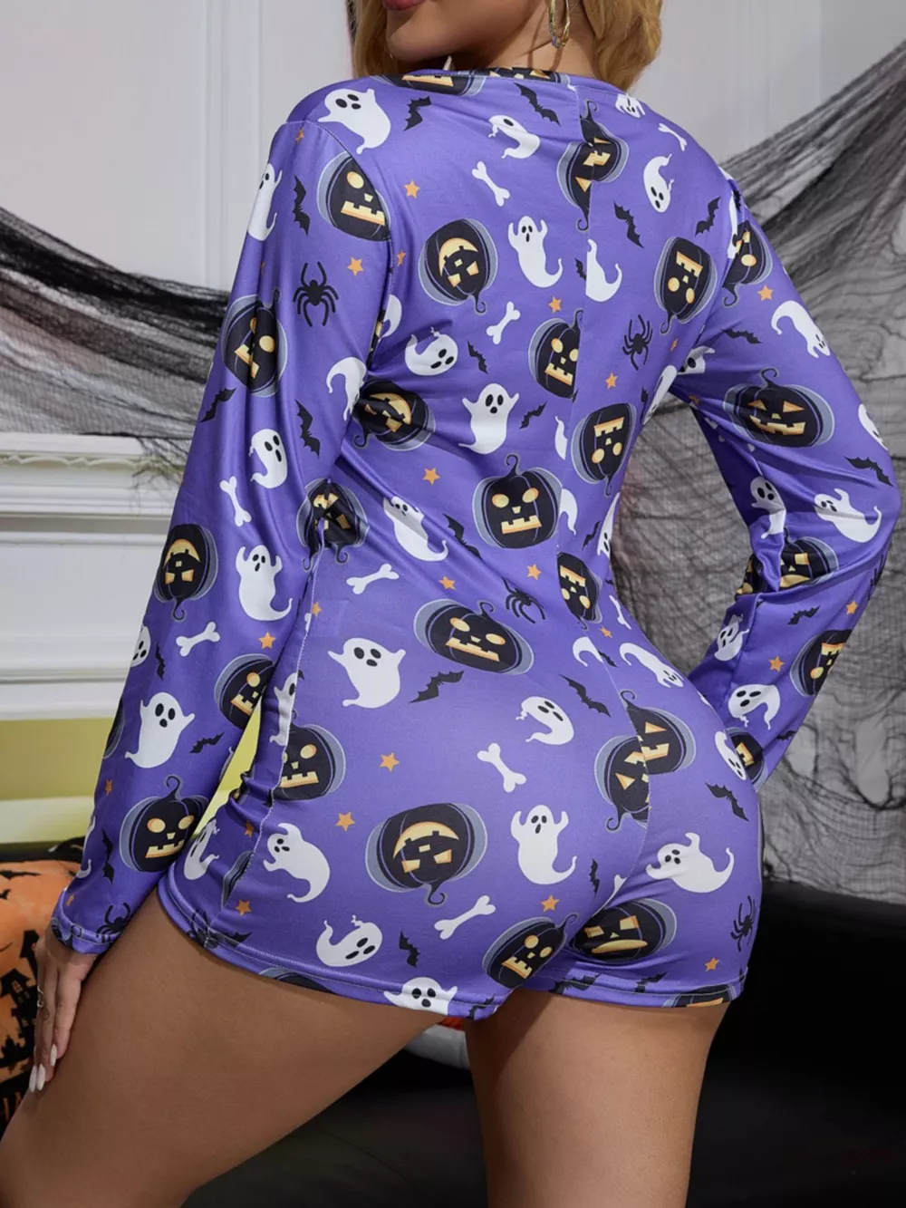 Halloween Pumpkin Print Button-Front Lounge Romper, image 7
