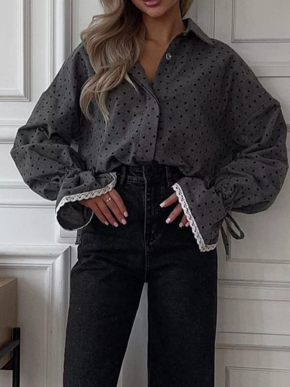 Heart Print Button Up Flounce Sleeve Shirt, image 2