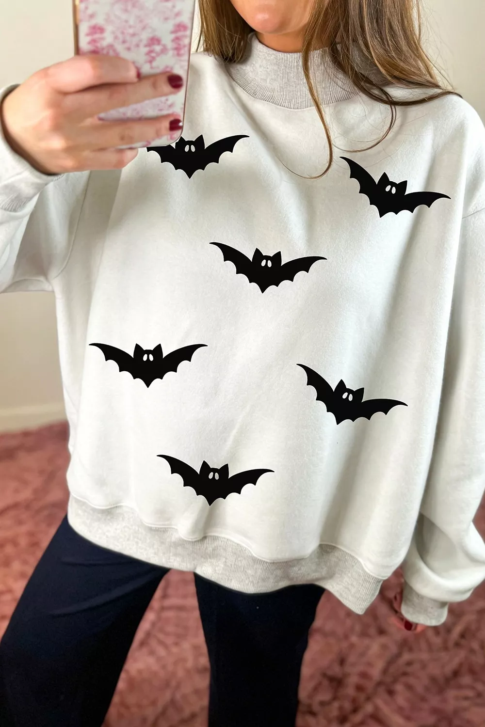 Halloween BOO & Bat Printed Reversible Mock Neck Sweatshirt, image 5