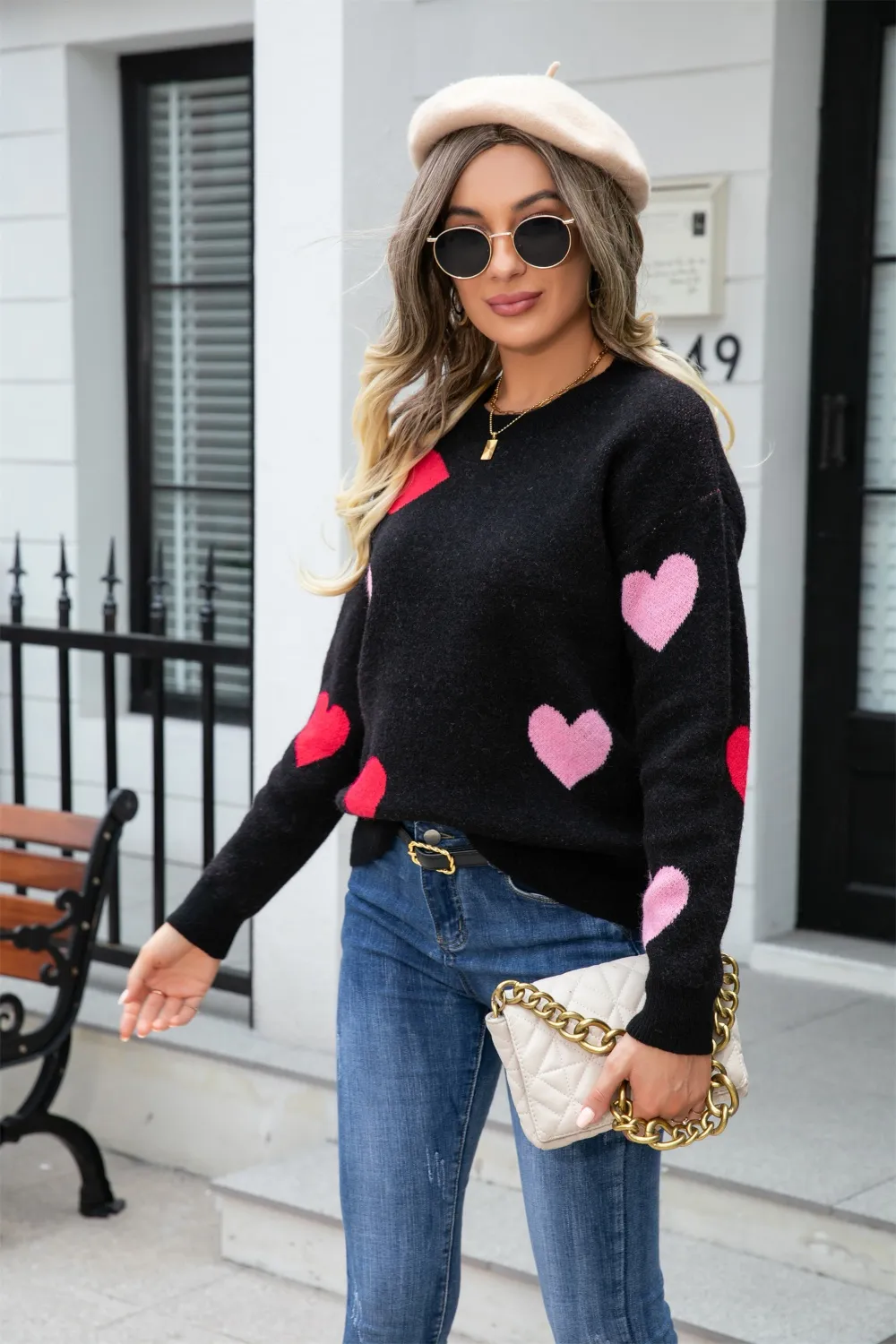 Heart Round Neck Droppped Shoulder Sweater, image 14