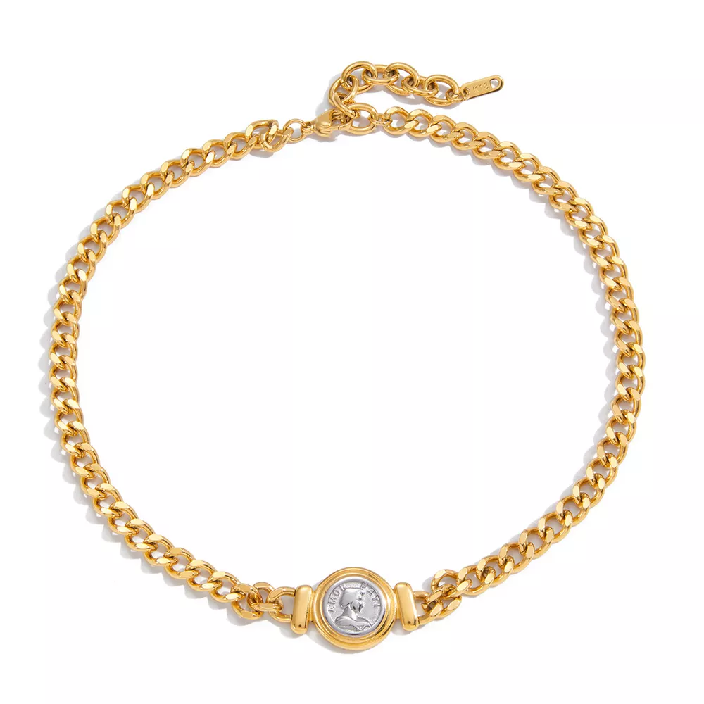18K Gold-Plated Vintage Coin Charm Curb Chain Necklace, image 8
