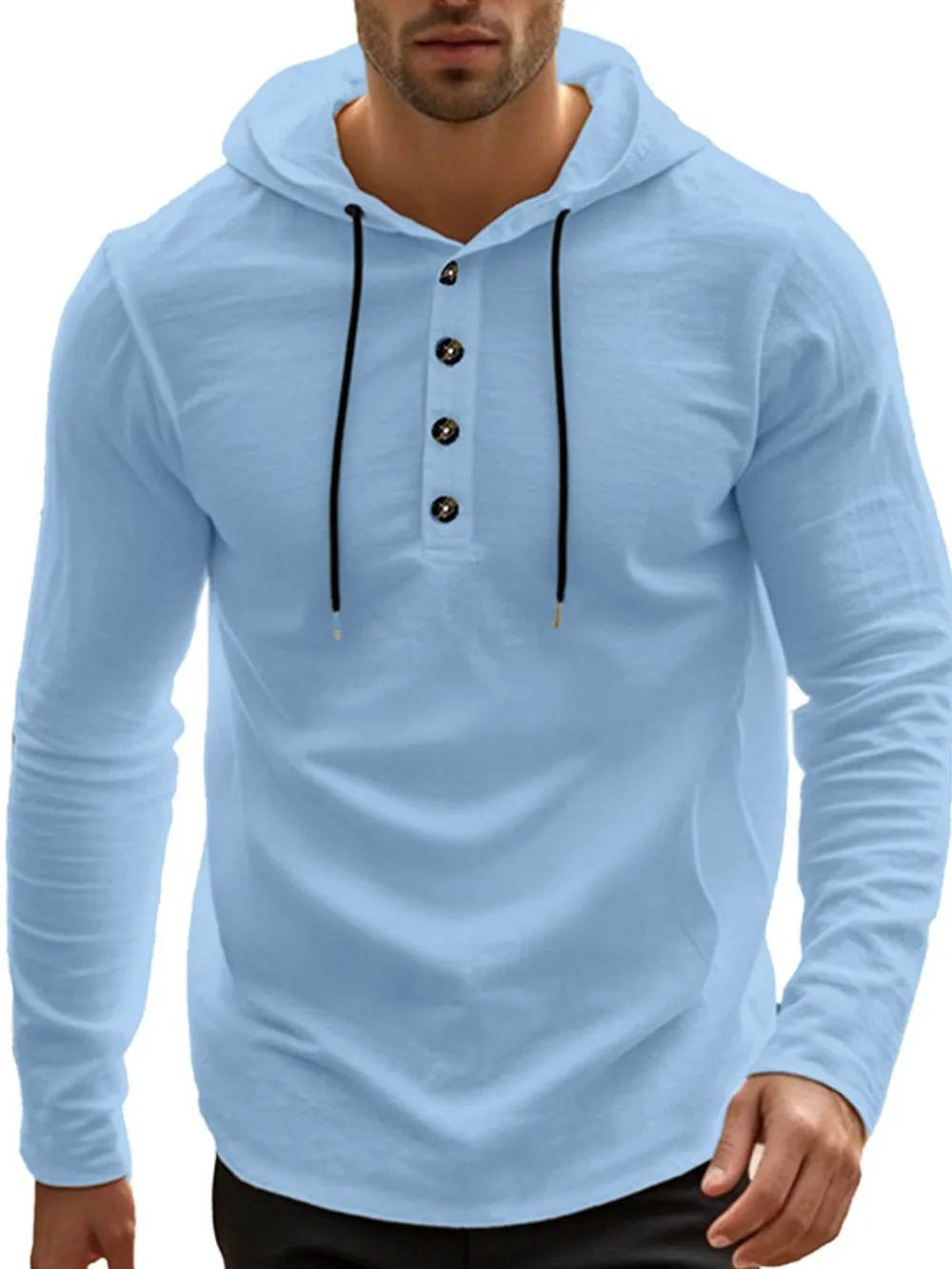 Men's Full Size Drawstring Button Detail Long Sleeve Hoodie Plus Size, image 2