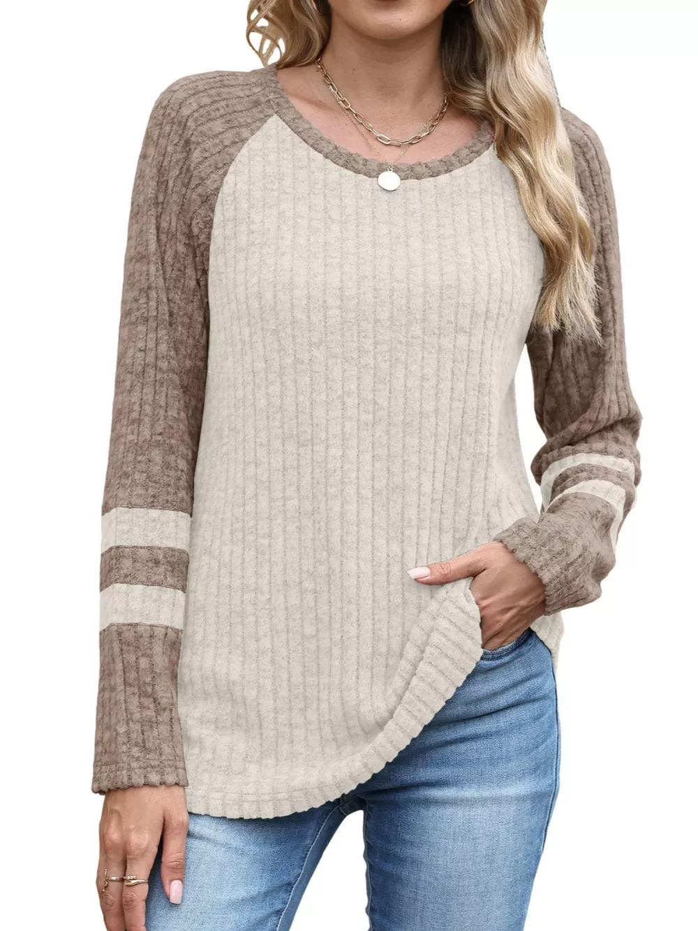 Ribbed Knit Raglan Long Sleeve T-Shirt, image 8