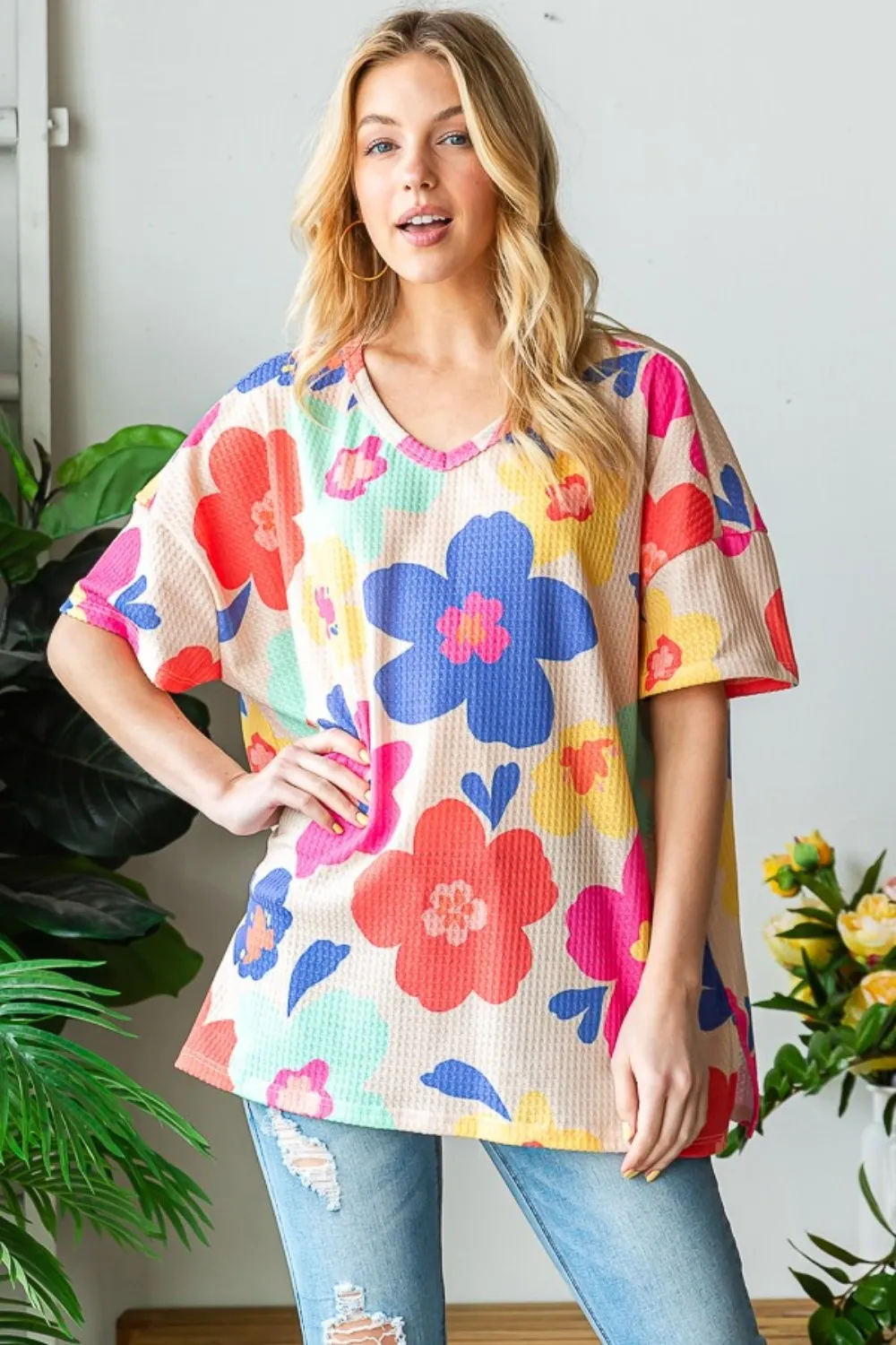Full Size Floral V-Neck Side Slit T-Shirt, image 3
