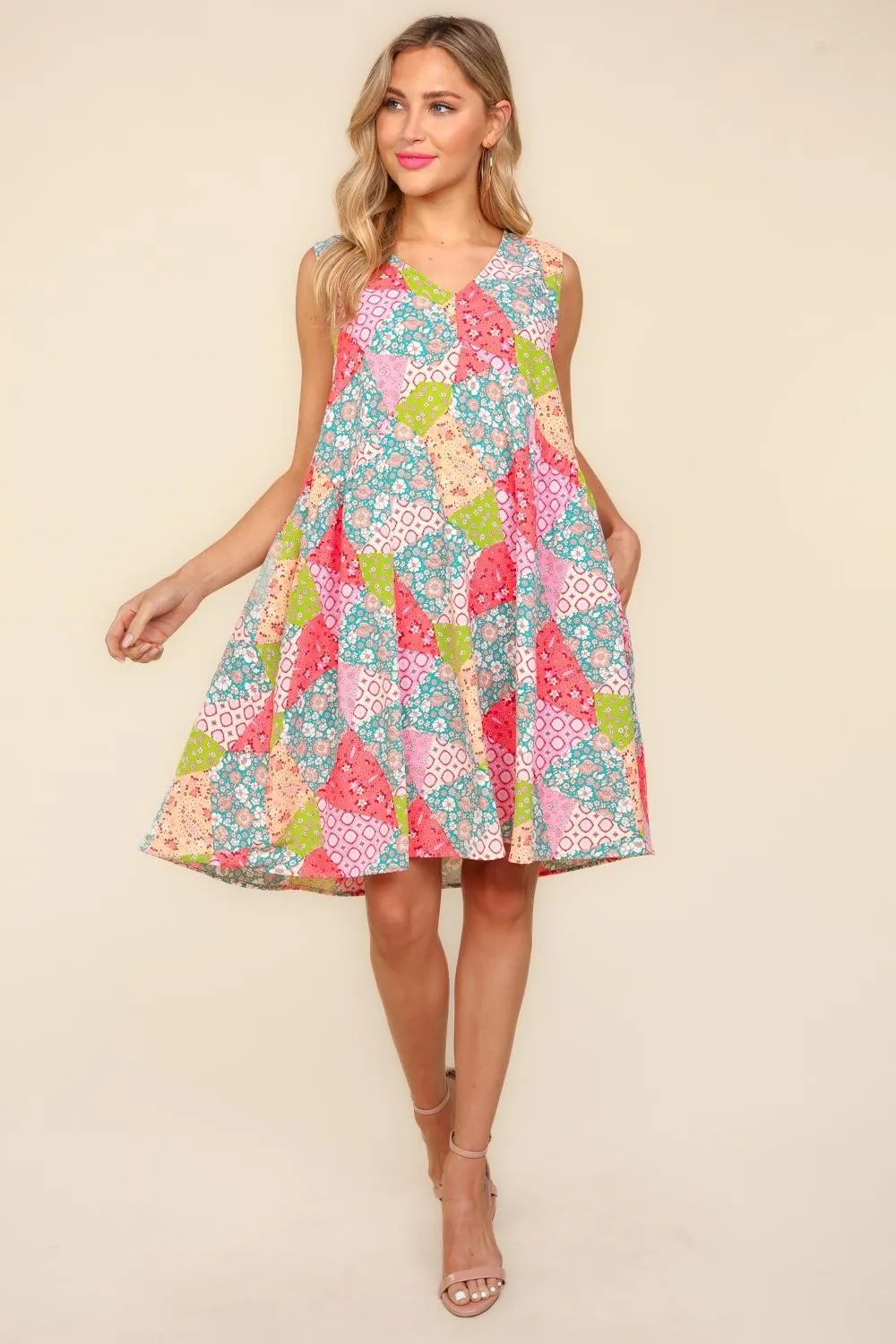 Full Size Babydoll Floral Patchwork Dress with Side Pockets, image 3