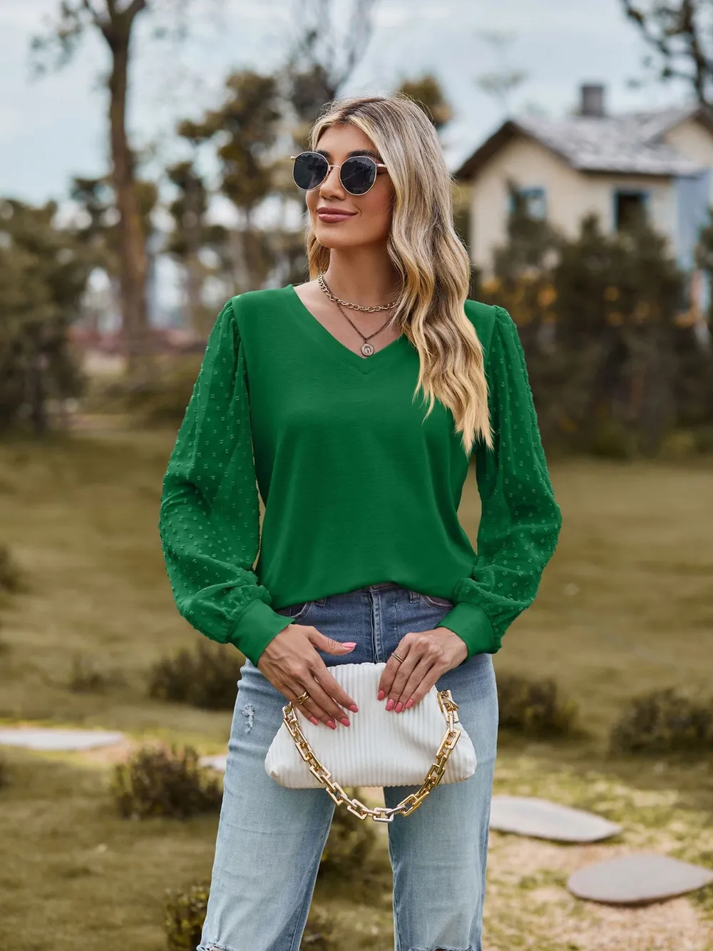 Swiss Dot V-Neck Long Sleeve Blouse, image 8