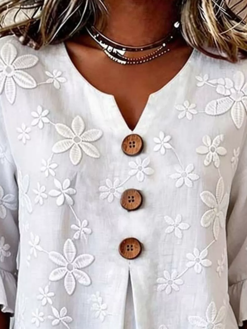 Full Size Floral Button Decor 3/4 Sleeve Blouse Plus Size, image 2