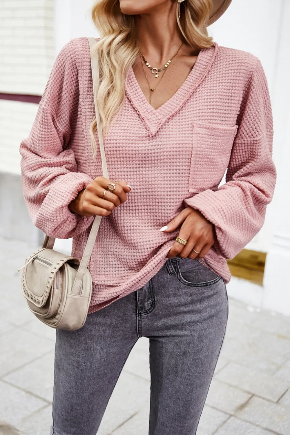 Waffle-Knit V-Neck Long Sleeve Top, image 2