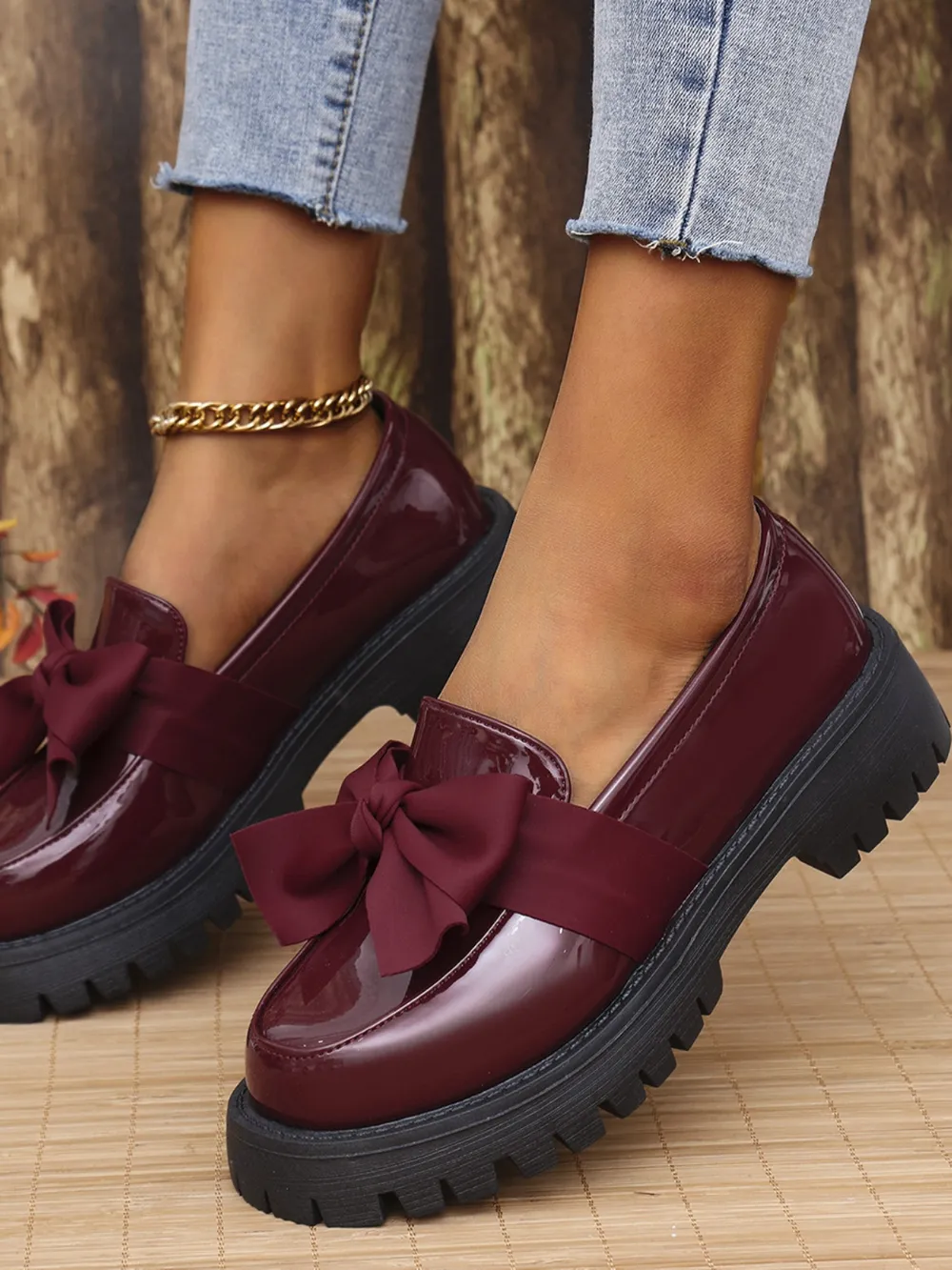 Bow PU Leather Round Toe Loafers, image 5