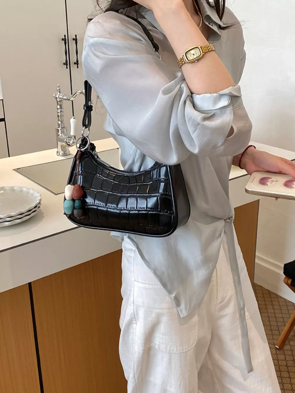 Textured PU Leather Shoulder Bag, image 3