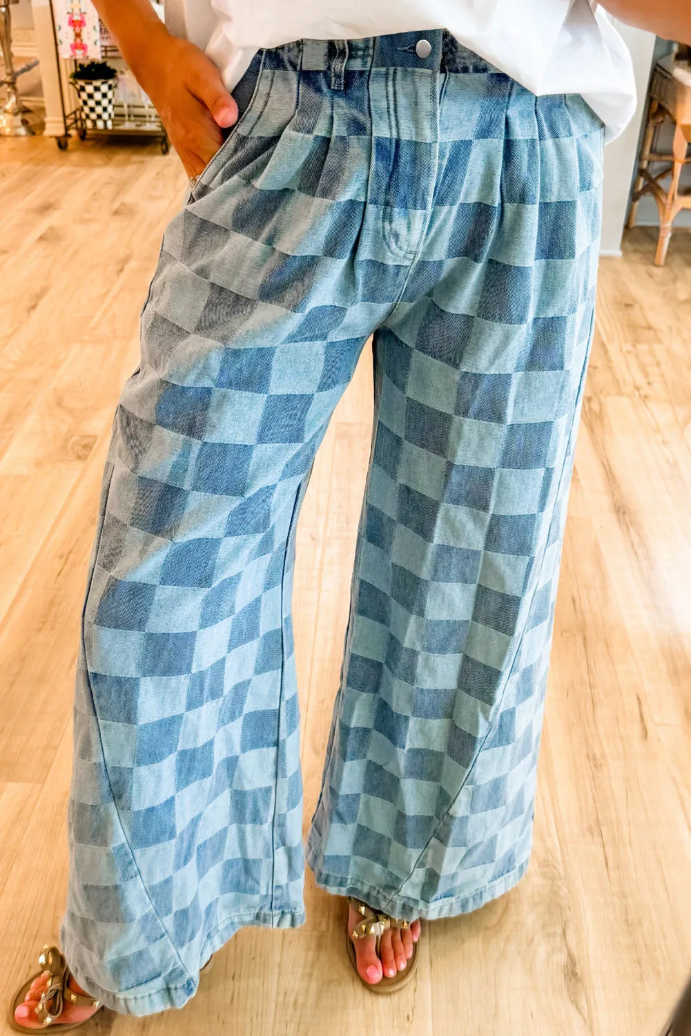 Checkered Wide Leg Jeans with Pockets, image 6