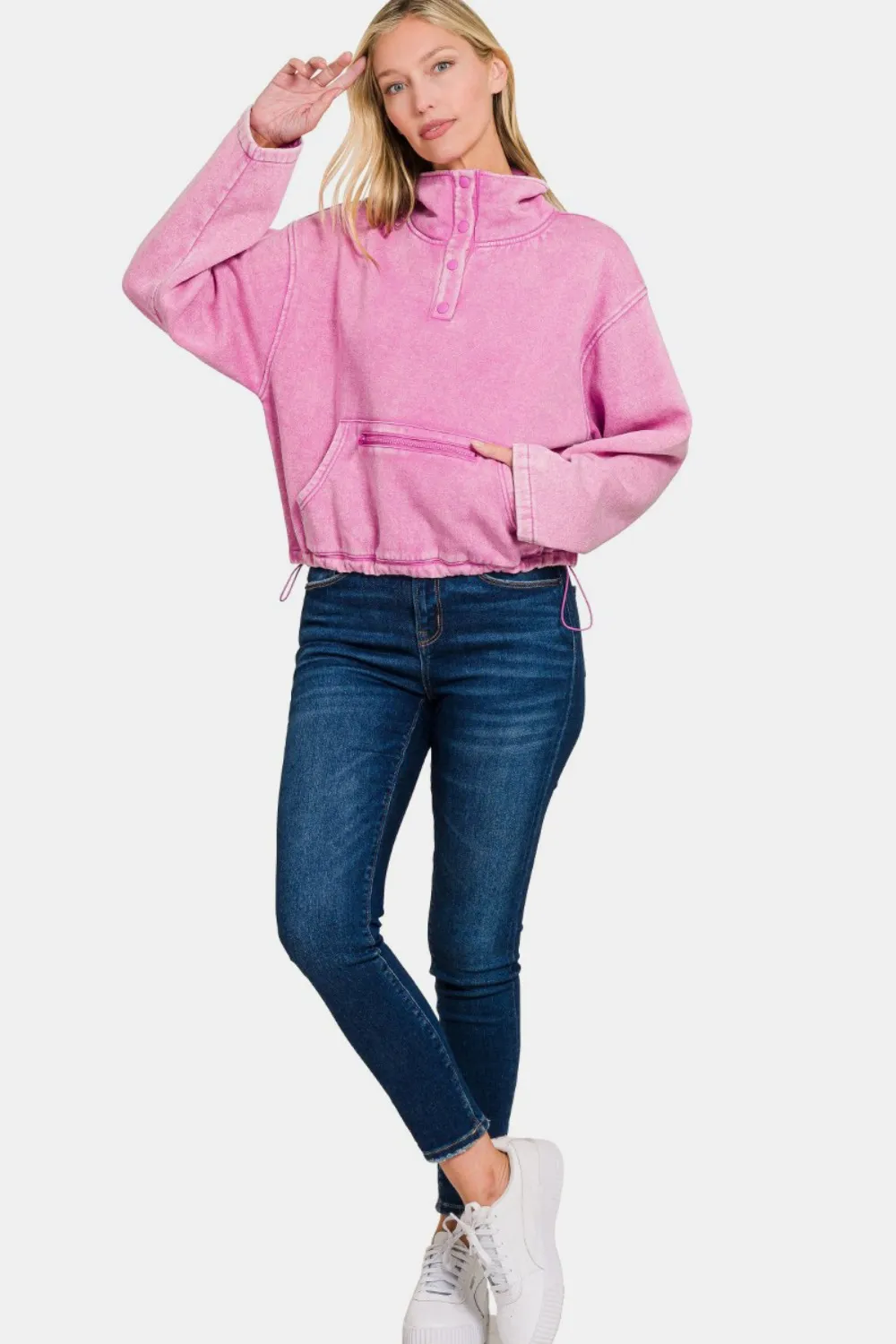 Acid Wash Fleece Half Snap Sweatshirt with Pocket, image 3