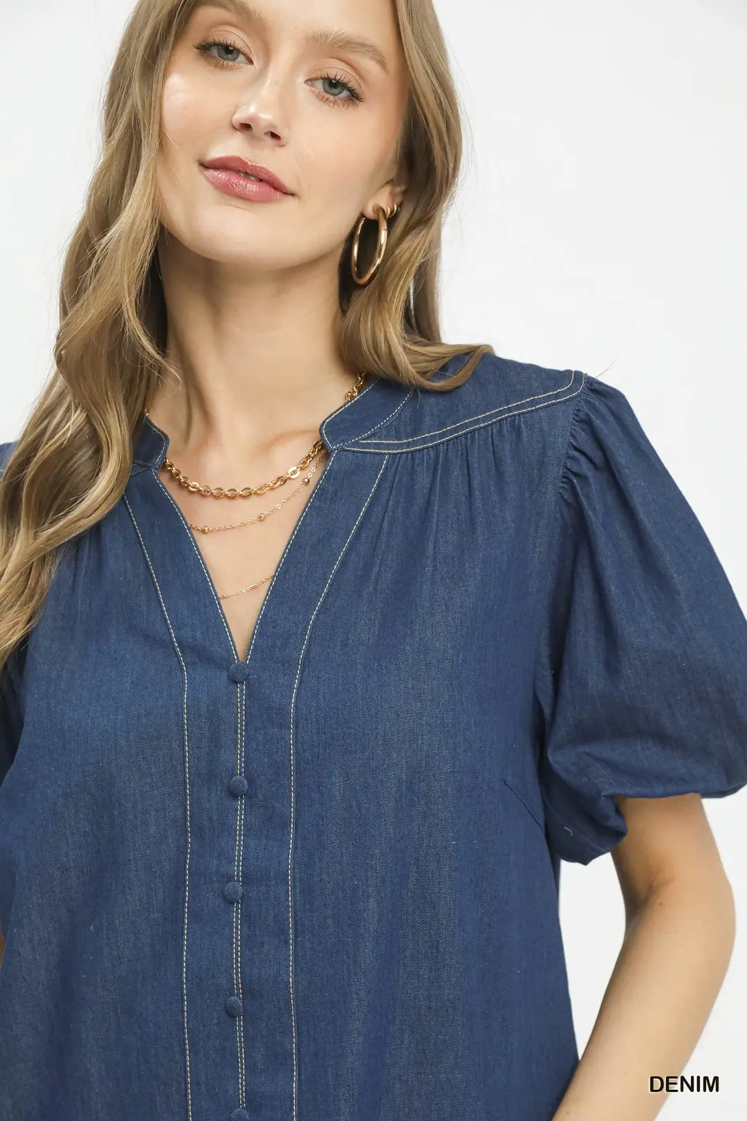 Denim Button Front Puff Sleeve Boho Blouse, image 4