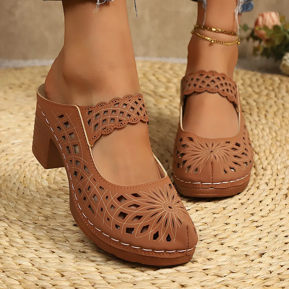 Hollow-Out Block Heels Sandals, image 4