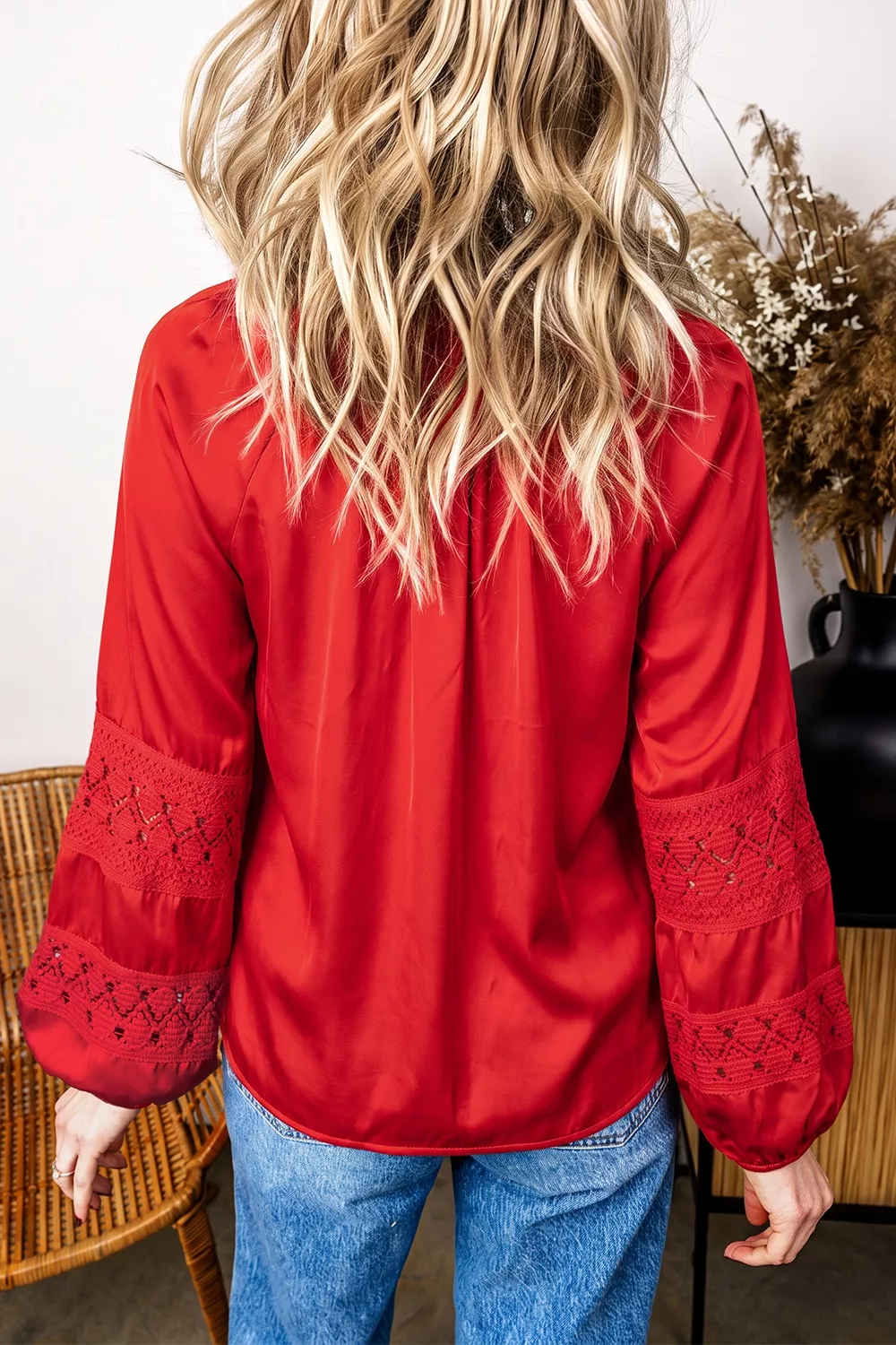 Christmas Patchwork Lace Long Sleeve V Neck Button Front Shirt, image 2