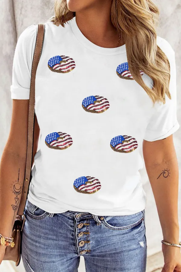 Sequined Flag Round Neck Short Sleeve T Shirt, image 3