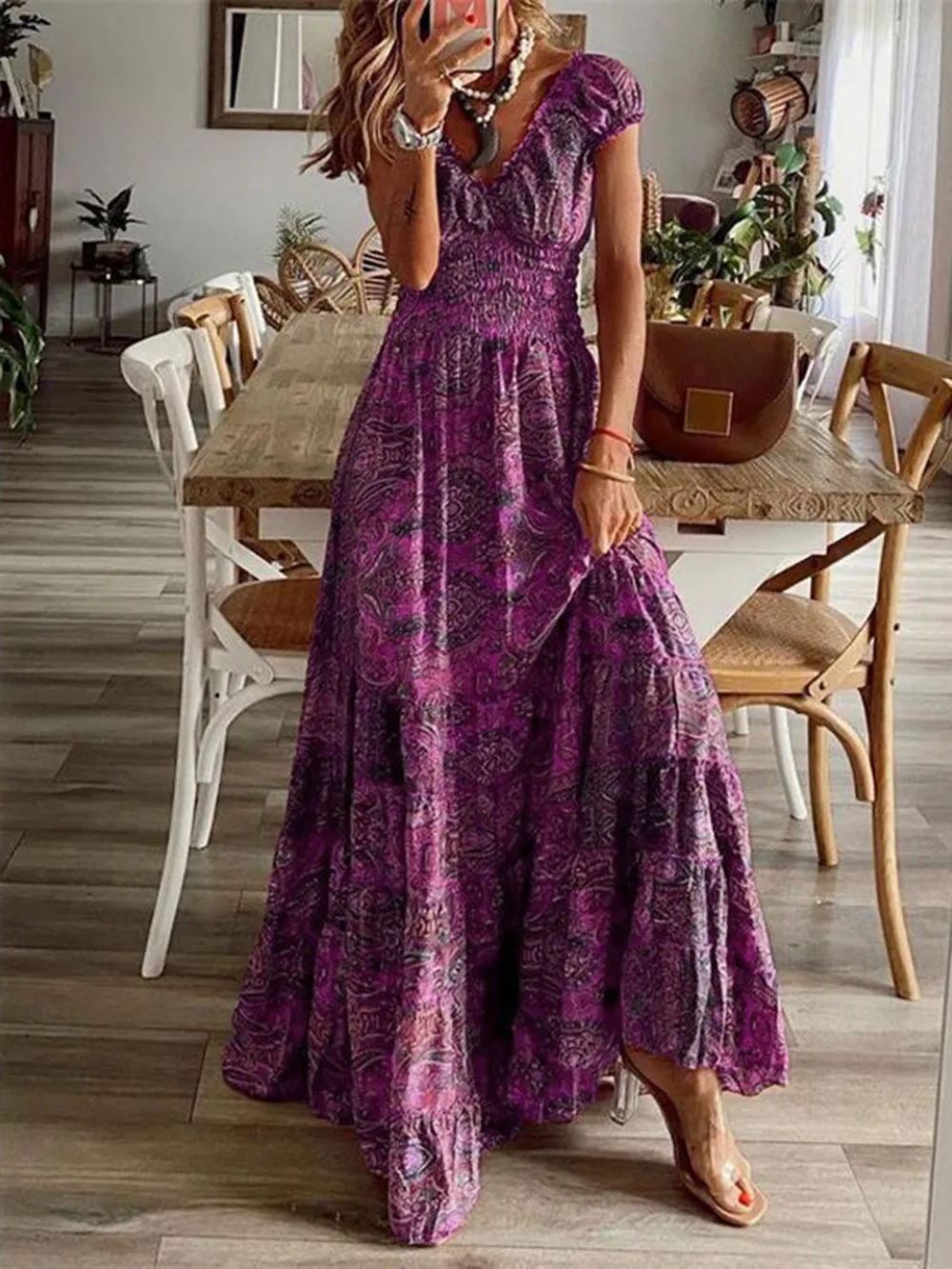 Full Size Smocked Printed V-Neck Short Sleeve Dress, image 10